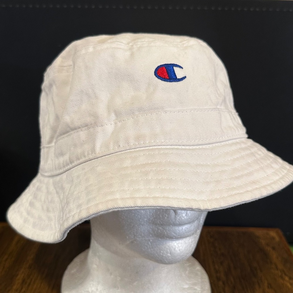 Champion Mens White Cotton Twill Bucket Hat Embroidered Logo OSFA